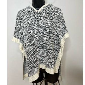 Womens Knit Hooded Poncho Sweater Open Sides Oversized Size M Black/White